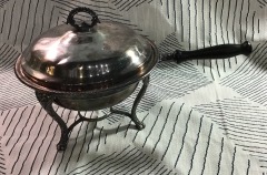 Vintage Silver Plated Chafing Dish w\/Wood Handle, Warming Pan Unmarked