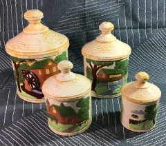 Vintage Studio Ceramic Pottery Country Farmhouse Themed Cobblestone Hand-made Barn and Mountains Blue Yellow set of 4