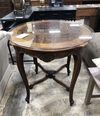 Round Antique Wood Table\/Flower carving \/glass top