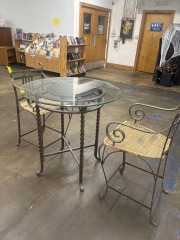 Glass Top Wrought Iron Dining Table with Two Chairs Set