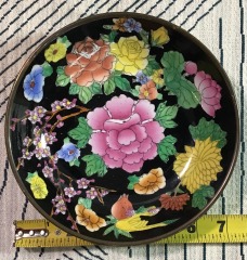 Vintage Chinese Porcelain & Brass Deco Bowl Dish Floral Marked