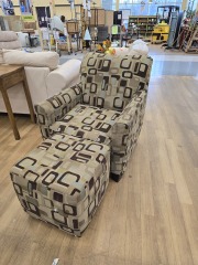 BROWN AND BEIGE ARM CHAIR W\/ OTTOMAN