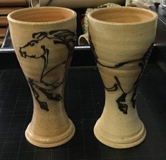 Pair Of Rock Hard Stoneware Salt Glazed Art Pottery Pilsner Goblet Vase Galloping Horse