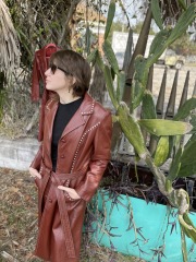 Vintage Western Rust Leather Trench Coat with White Stiching
