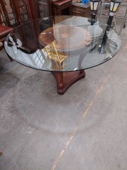 54 IN. DIA ROUND GLASS TOP DINING TABLE W\/INLAY & CARVED BASE