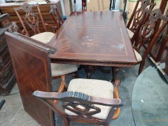 72X44 INLAYED & CARVED DINING TABLE W\/1 LEAF, 6 CHAIRS
