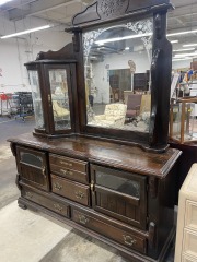 Vintage Dark Wood Cottage Core Dresser with Mirror & Glass Cabinet