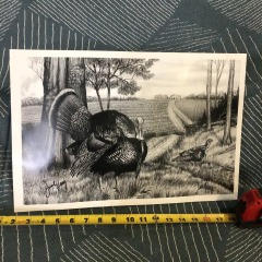 black and white print of a wild turkey drawing, signed by the artist.