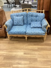 LIGHT MAPLE WOODEN LOVESEAT W\/ LIGHT BLUE CUSHIONS