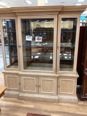 LIGHT OAK HUTCH W\/4 SOLID, 3 GLASS DOORS, CARVED DETAIL