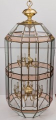 Fredrick Ramond Brass and Amber Beveled Glass Chandelier