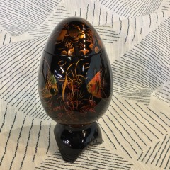 Vietnamese lacquerware pedestal egg box with a hand-painted fish motif.