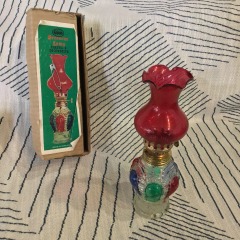Vintage oil lamp in original box Red glass kerosene lamp Made in Hong Kong