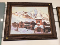 Framed Ski Lodge Painting