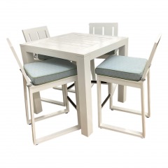 White Outdoor High Top Table & 4 Barstools (as is- dents in frame)