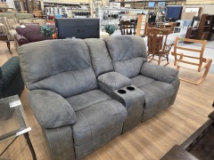 FAUX GREY LEATHER POWER RECLINING LOVESEAT (TESTED)