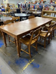Rustic Wood Farmhouse Dining Table with Two Leafs & Six Chairs