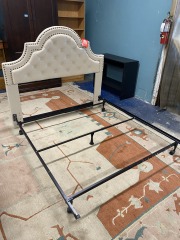 Ornate Ivory Upholstered Queen Bed Frame