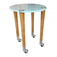 Mid-Century Round Frosted Glass & Wood Legs on Casters Spot Table