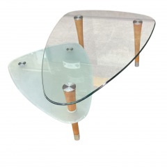 Mid-Century Triangle Glass W\/ Frosted Glass Lower Shelf & Wooden Legs Coffee Table