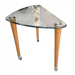 Mid- Century Triangle Glass & Wood Legs On Casters End Table