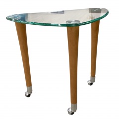 Mid-Century Triangle Glass & Wood Legs On Casters Spot Table