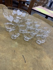 Vintage Anchor Hocking Grape Leaf Punch Bowl (with 12 cups)