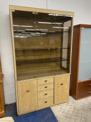 Drexel 1970s Smoked Glass Light Wood China Cabinet