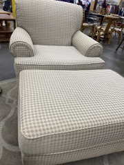 Beige Checkered Armchair w\/Ottoman