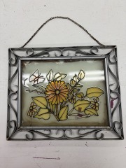 Adorable Floral Stained Glass Picture In Ornate Silver Frame
