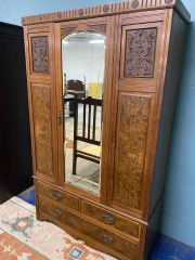 Antique Burl Wood, Walnut and Carved Mahogany Wardrobe Chest