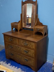 Antique Burl Wood, Walnut and Carved Mahogany Vanity Dresser