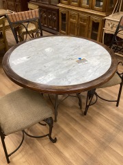 ROUND WOOD FRAMED METAL BASE WHITE MARBLE TOP DINING TABLE
