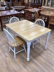 WHITE BASE BROWN TOP KITCHEN TABLE W\/ INTERNAL AND 3 CHAIRS