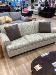 ETHAN ALLEN CURLED ARM TAN TAPESTRY STYLE SOFA