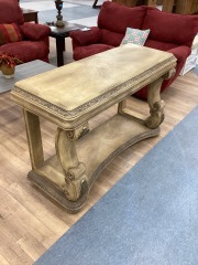 LARGE ORNATE 2 TIERED BEIGE SOFA TABLE