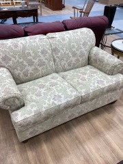 ETHAN ALLEN CURLED ARM TAN TAPESRTY STYLE LOVESEAT