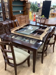 STANLEY FURN. MAHOGONY FINISHED 1 LEAF DINING TABLE W\/ GLASS TOP AND 6 CHAIRS