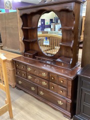 DARK PINE 8 DRAWER WIDE DRESSER W\/ LARGE MIRROR TOPPER