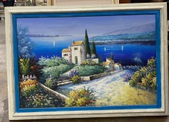 Mediterranean Villa and Harbor Original Oil Painting
