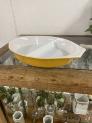 Vintage Yellow Pyrex Milk Glass Divided Casserole Dish