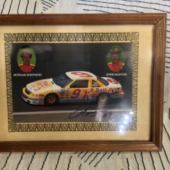 Vintage memorabilia item showcasing the #9 Texas Pete race car associated with NASCAR drivers Morgan Shepherd and Ward Burton.