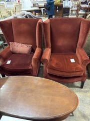 Rust Velor Wing Back Chair w\/Nail Head Trim