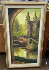Sepia Castle Scene Framed Oil Painting