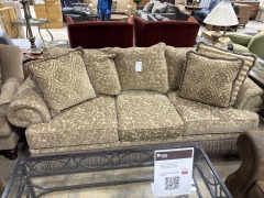 Brown\/Beige leaf print \/sofa w\/ fringe