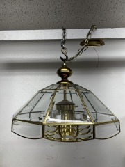 Vtg 9-Light Brass and Beveled Glass Chandelier