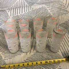 8 ANCHOR HOCKING FROSTED ATOMIC SNOWFLAKE GLASSES TUMBLERS PINK TOM COLLINS *NEEDS TO BE CLEANED*