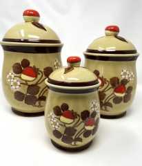 3 pc Strawberry Blossom 1970's Harvest Gold Ceramic Canisters