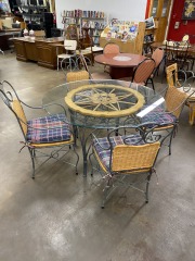 Metal & Wicker Glasstop Dining Table with Four Chairs
