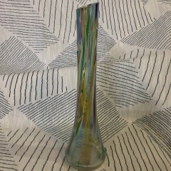 vintage, hand-blown art glass vase featuring a colorful swirl